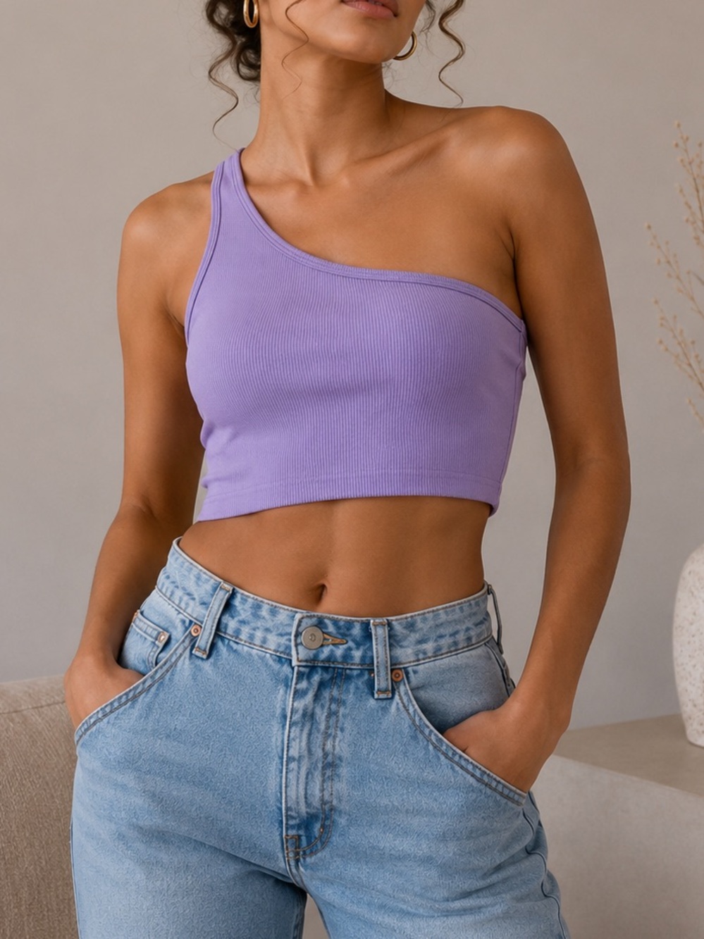 One-Shoulder Ribbed Crop Top in Lavender
